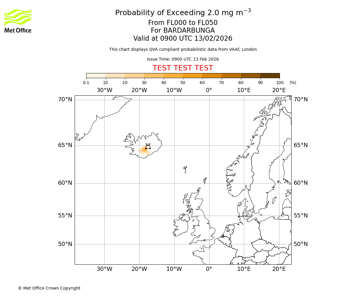 Probability of exceeding 2.0 milligrams per metre cubed. From 000 to 050 for BARDARBUNGA. Valid at 0900 UTC 13/02/2026