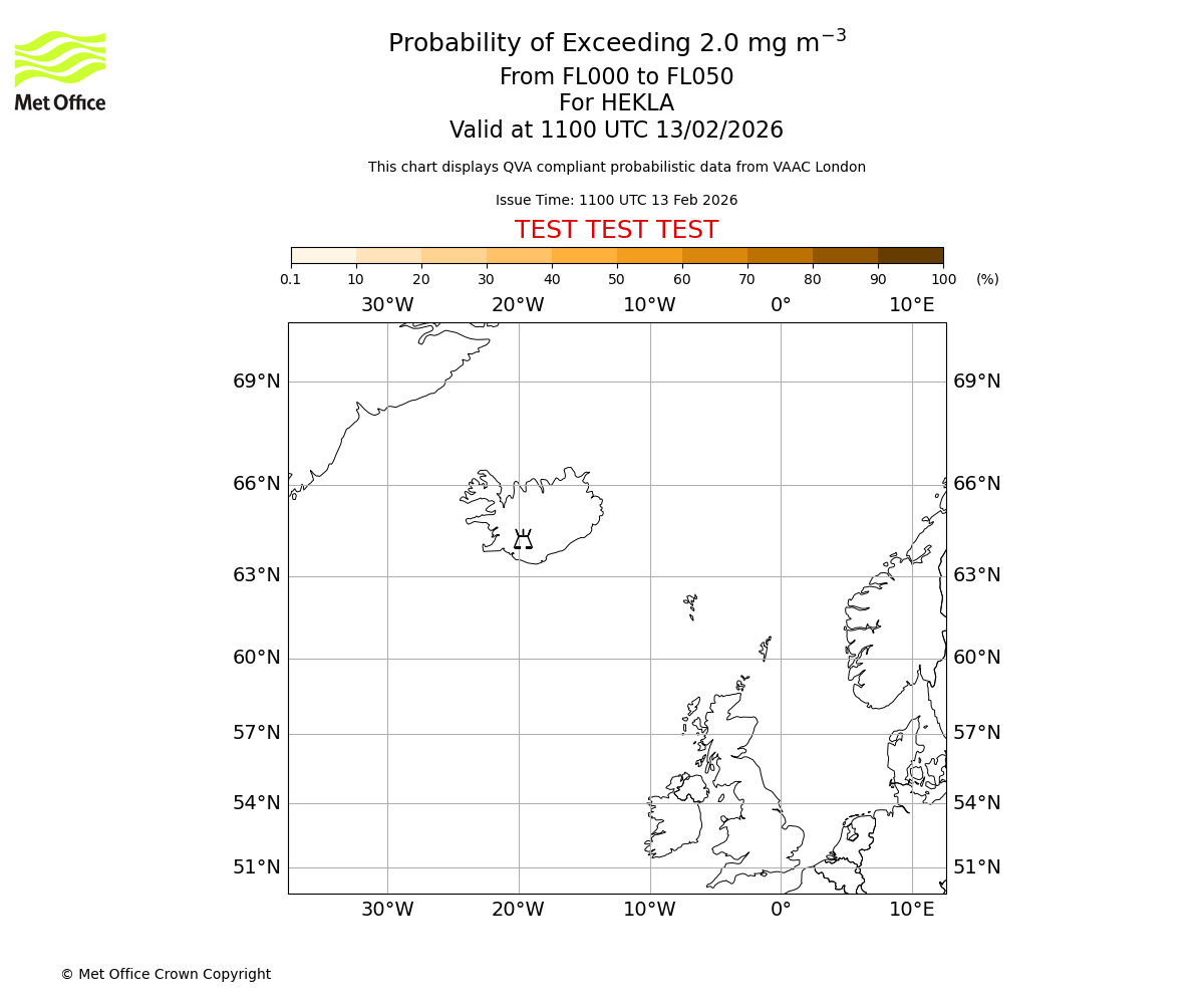 Probability of exceeding 2.0 milligrams per metre cubed. From 000 to 050 for HEKLA. Valid at 1100 UTC 13/02/2026