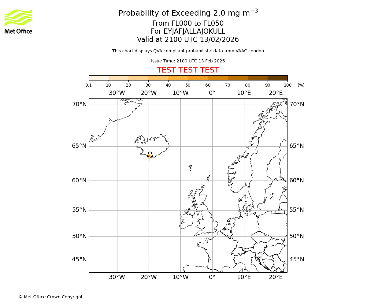 Probability of exceeding 2.0 milligrams per metre cubed. From 000 to 050 for EYJAFJALLAJOKULL. Valid at 2100 UTC 13/02/2026