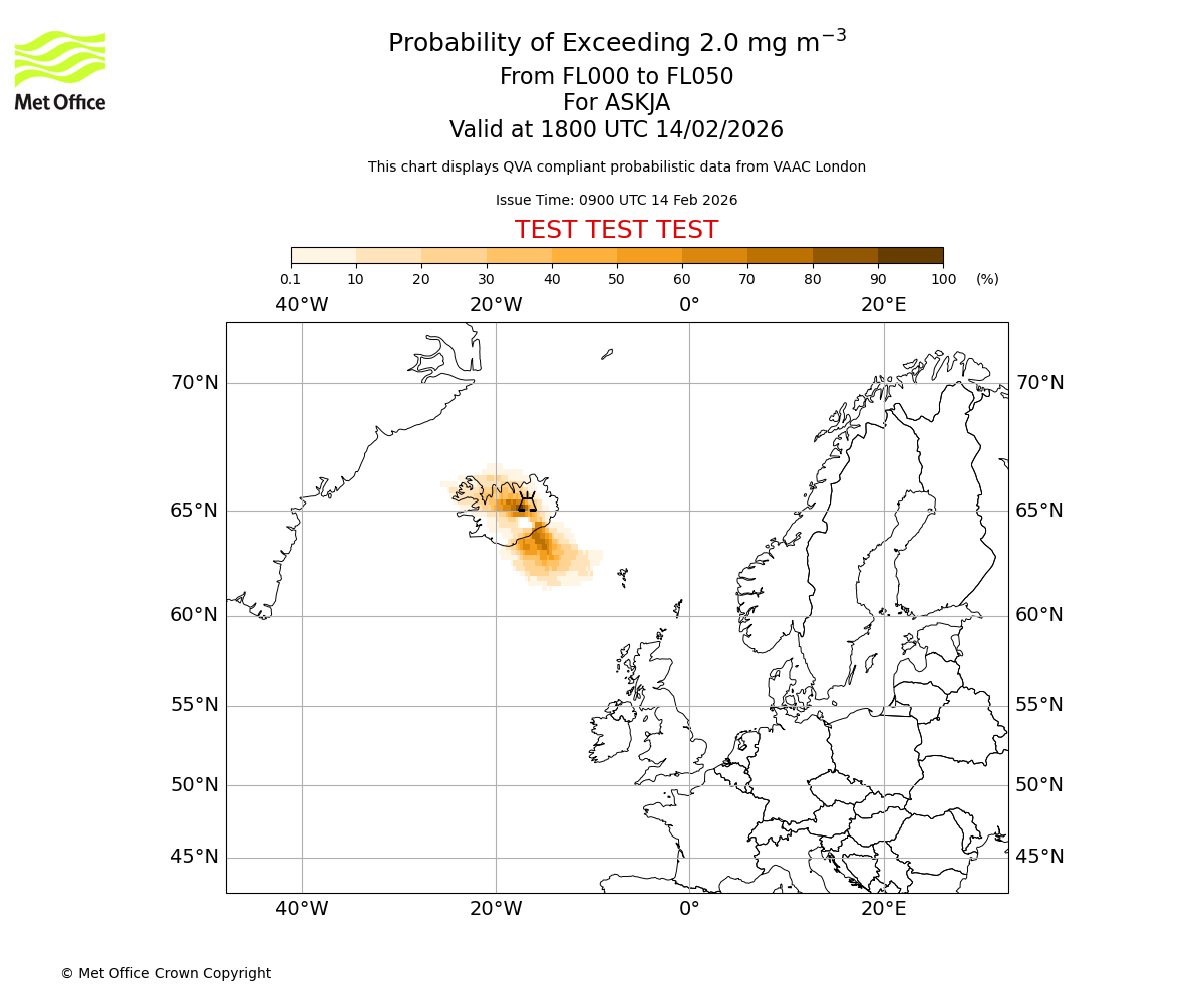 Probability of exceeding 2.0 milligrams per metre cubed. From 000 to 050 for ASKJA. Valid at 1800 UTC 14/02/2026