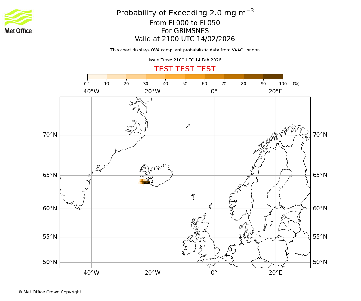 Probability of exceeding 2.0 milligrams per metre cubed. From 000 to 050 for GRIMSNES. Valid at 2100 UTC 14/02/2026