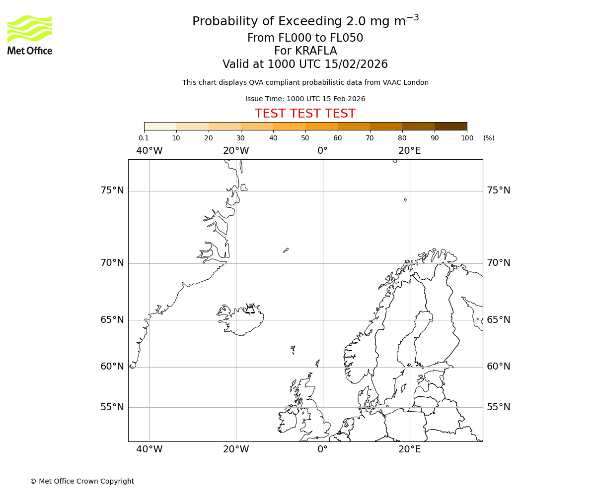Probability of exceeding 2.0 milligrams per metre cubed. From 000 to 050 for KRAFLA. Valid at 1000 UTC 15/02/2026