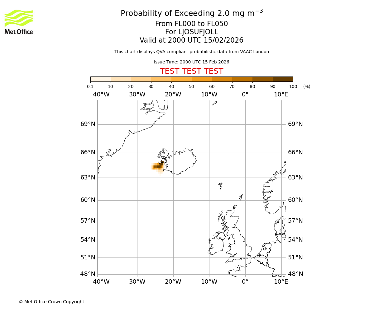 Probability of exceeding 2.0 milligrams per metre cubed. From 000 to 050 for LJOSUFJOLL. Valid at 2000 UTC 15/02/2026