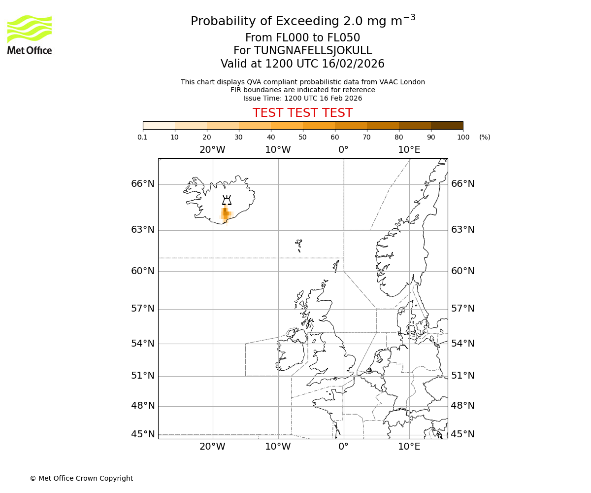 Probability of exceeding 2.0 milligrams per metre cubed. From 000 to 050 for TUNGNAFELLSJOKULL. Valid at 1200 UTC 16/02/2026