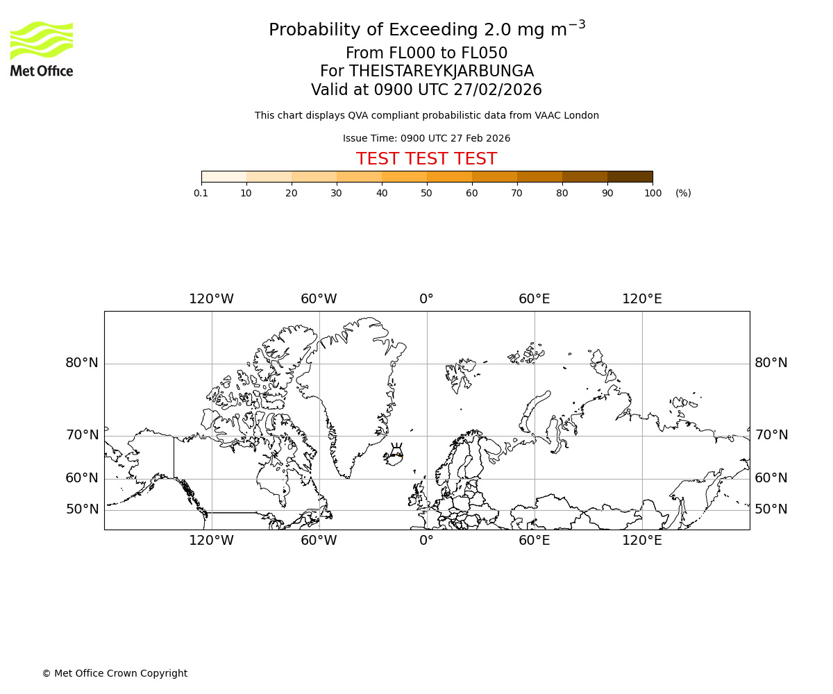 Probability of exceeding 2.0 milligrams per metre cubed. From 000 to 050 for THEISTAREYKJARBUNGA. Valid at 0900 UTC 27/02/2026