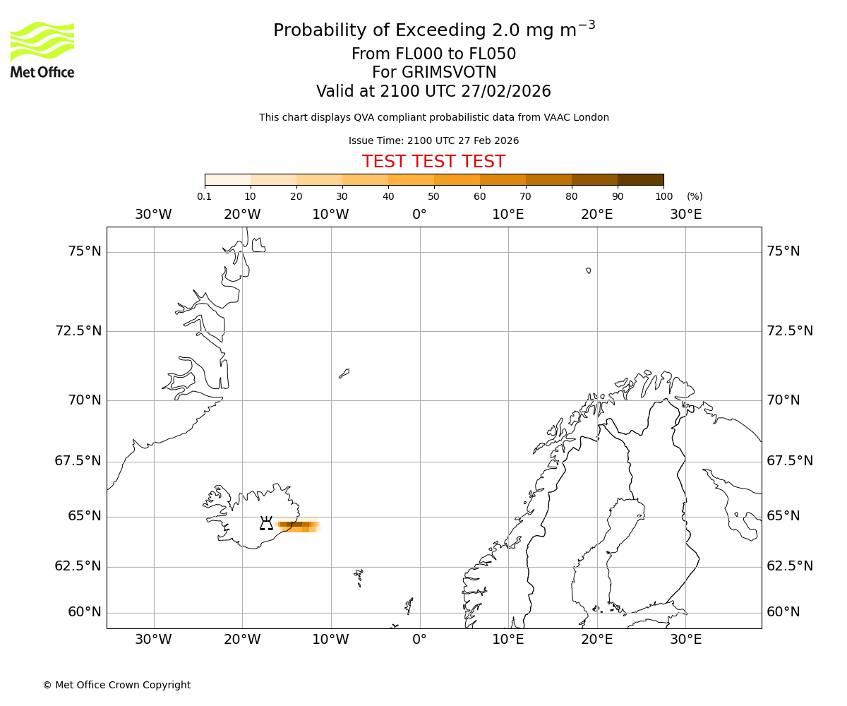 Probability of exceeding 2.0 milligrams per metre cubed. From 000 to 050 for GRIMSVOTN. Valid at 2100 UTC 27/02/2026