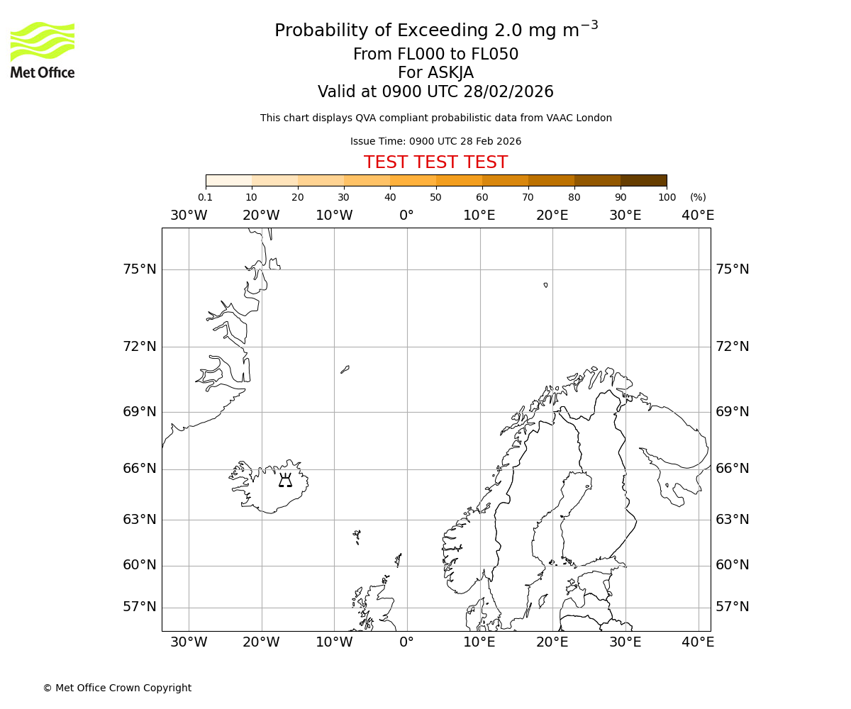 Probability of exceeding 2.0 milligrams per metre cubed. From 000 to 050 for ASKJA. Valid at 0900 UTC 28/02/2026