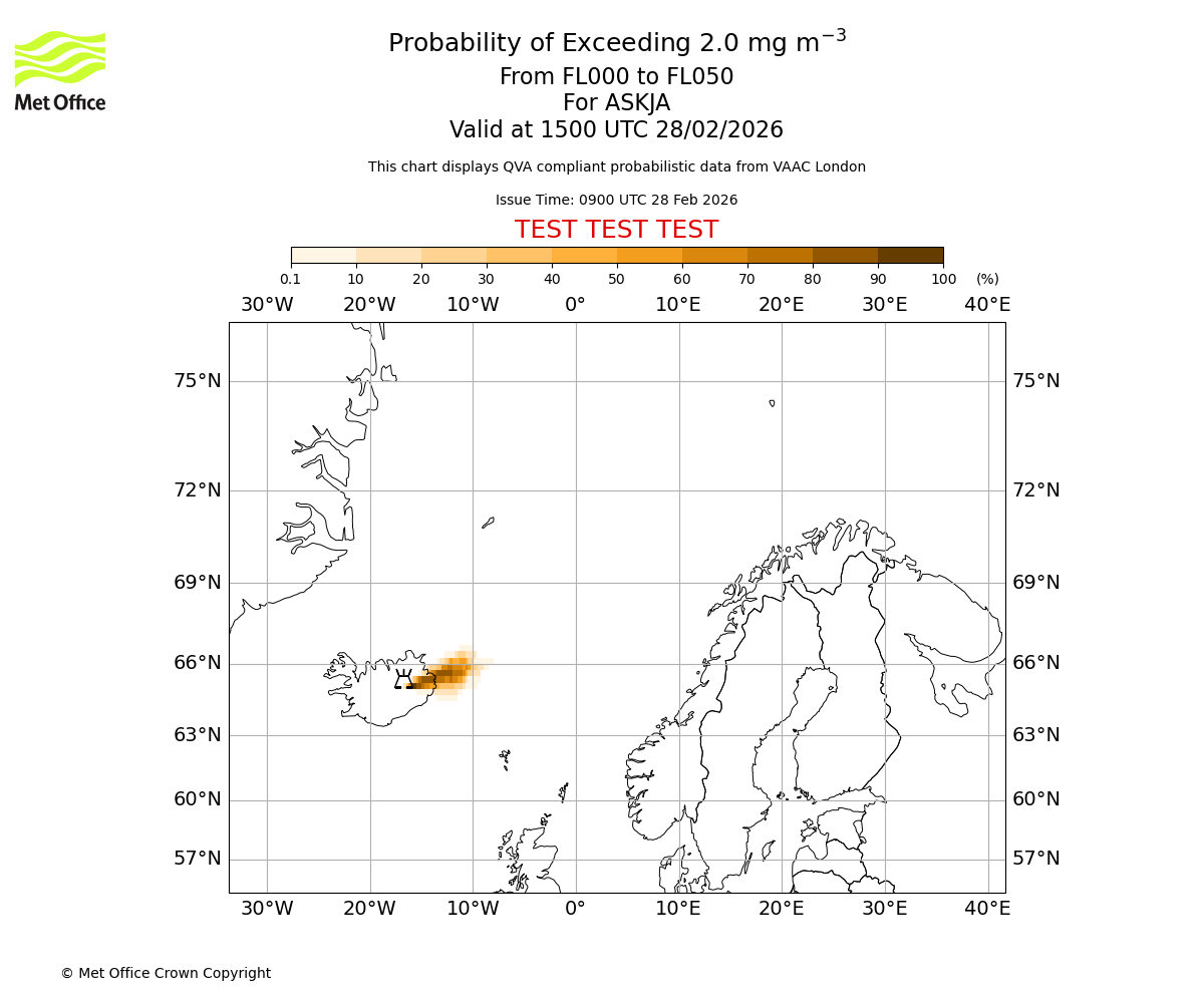 Probability of exceeding 2.0 milligrams per metre cubed. From 000 to 050 for ASKJA. Valid at 1500 UTC 28/02/2026