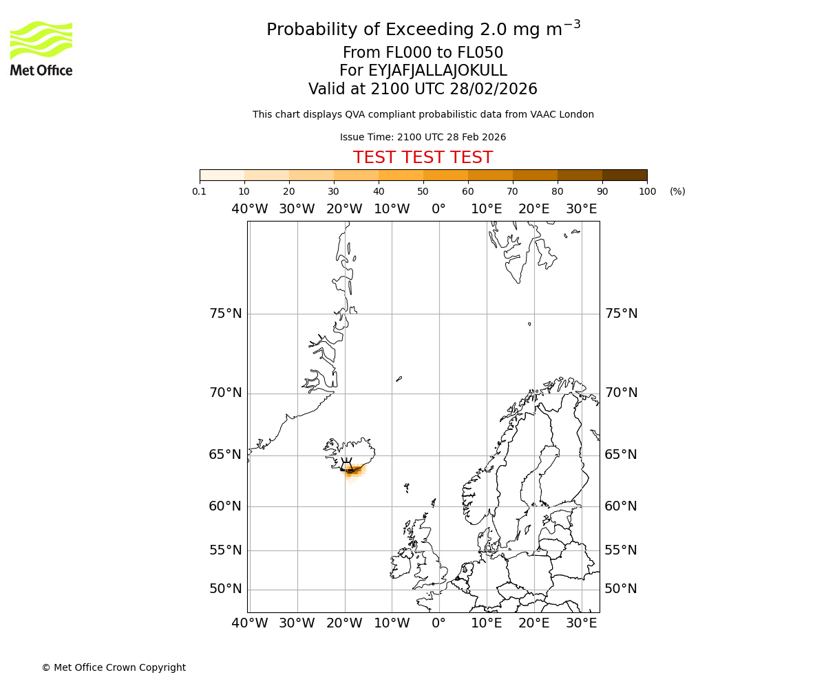 Probability of exceeding 2.0 milligrams per metre cubed. From 000 to 050 for EYJAFJALLAJOKULL. Valid at 2100 UTC 28/02/2026