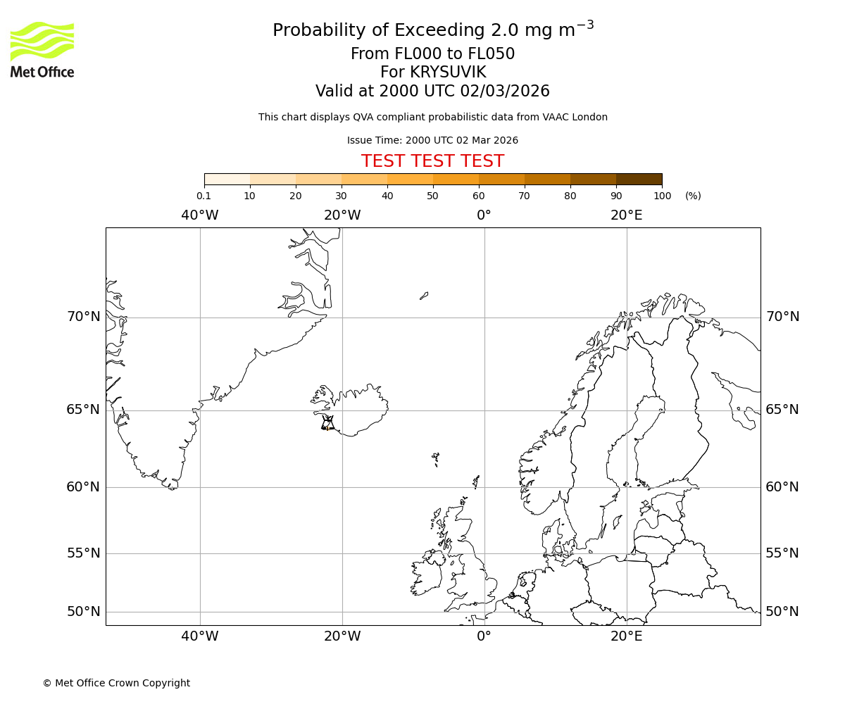 Probability of exceeding 2.0 milligrams per metre cubed. From 000 to 050 for KRYSUVIK. Valid at 2000 UTC 02/03/2026