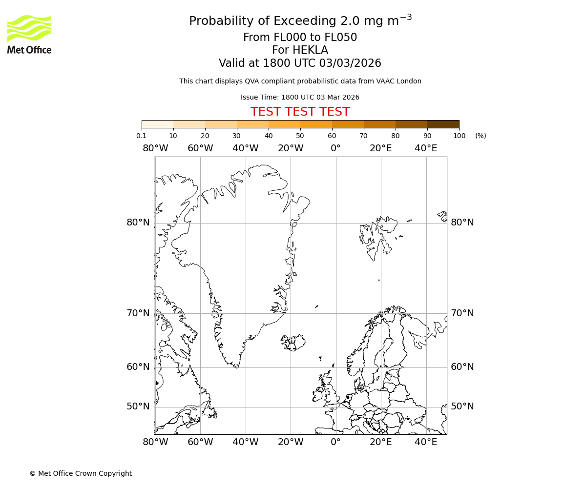 Probability of exceeding 2.0 milligrams per metre cubed. From 000 to 050 for HEKLA. Valid at 1800 UTC 03/03/2026