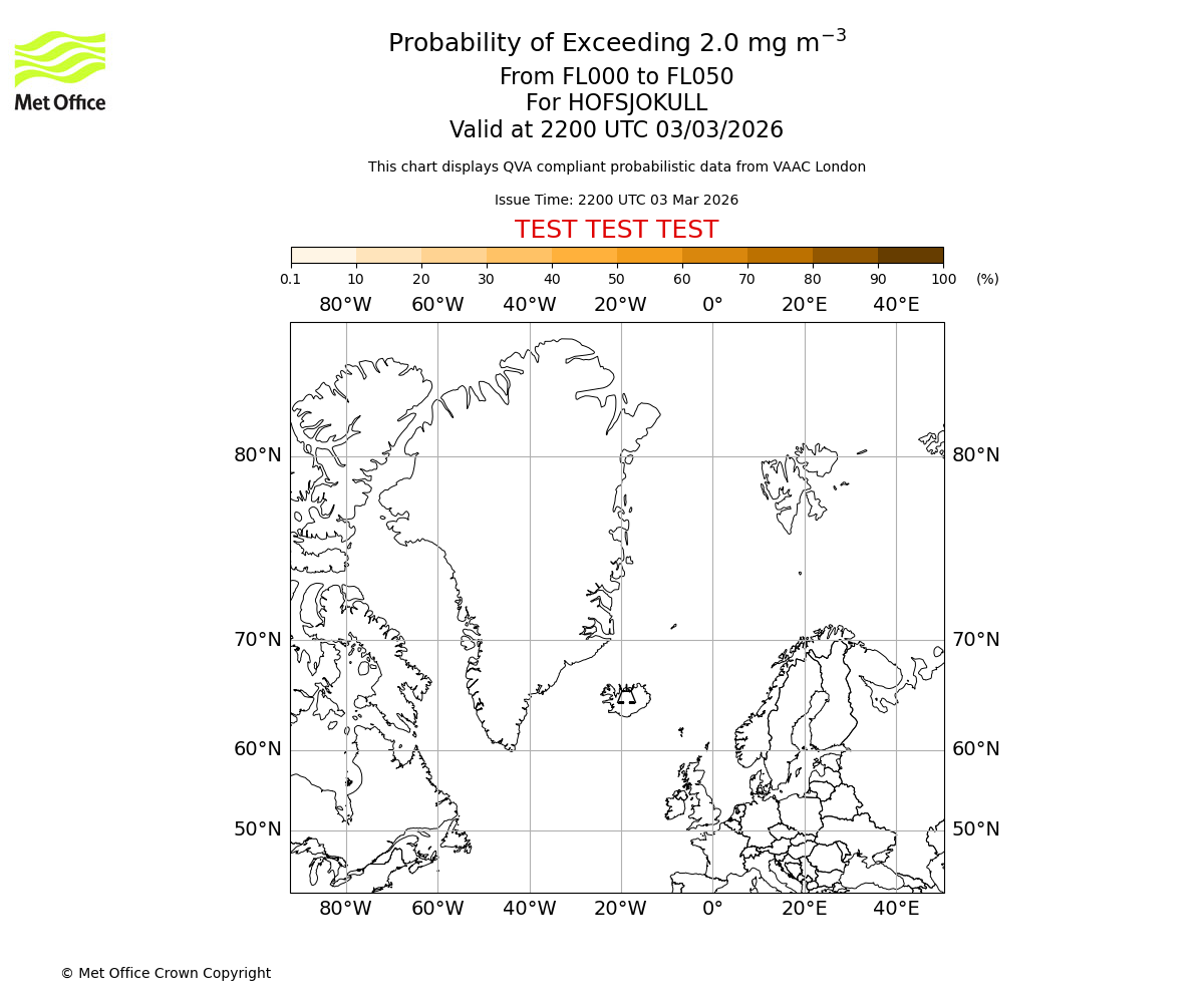 Probability of exceeding 2.0 milligrams per metre cubed. From 000 to 050 for HOFSJOKULL. Valid at 2200 UTC 03/03/2026