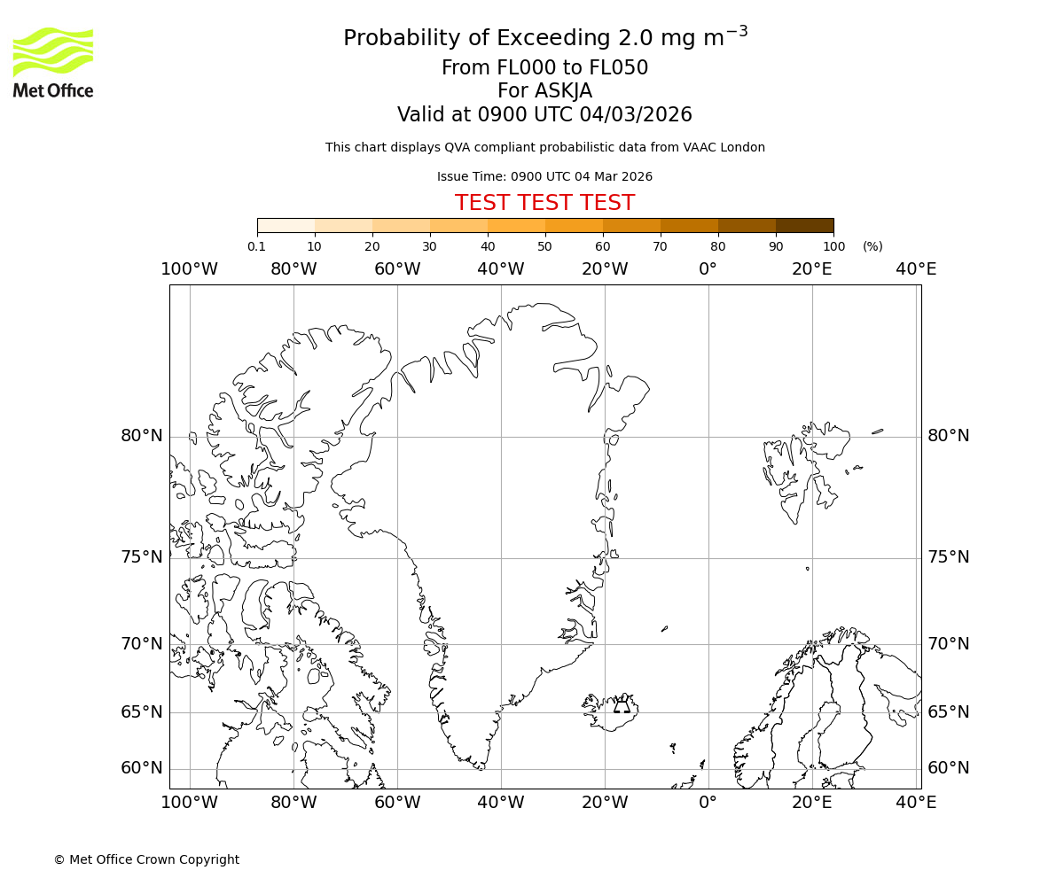 Probability of exceeding 2.0 milligrams per metre cubed. From 000 to 050 for ASKJA. Valid at 0900 UTC 04/03/2026