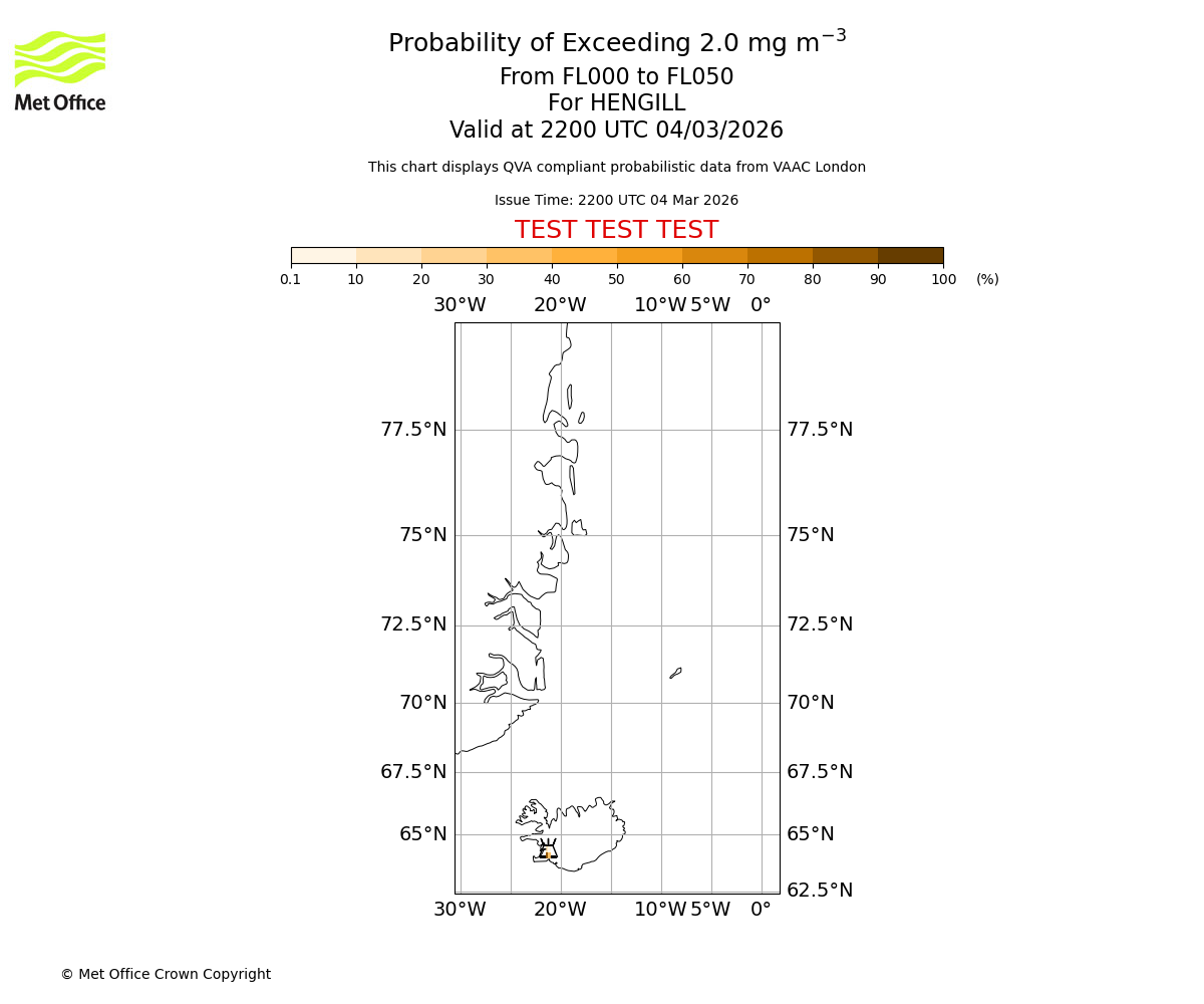 Probability of exceeding 2.0 milligrams per metre cubed. From 000 to 050 for HENGILL. Valid at 2200 UTC 04/03/2026