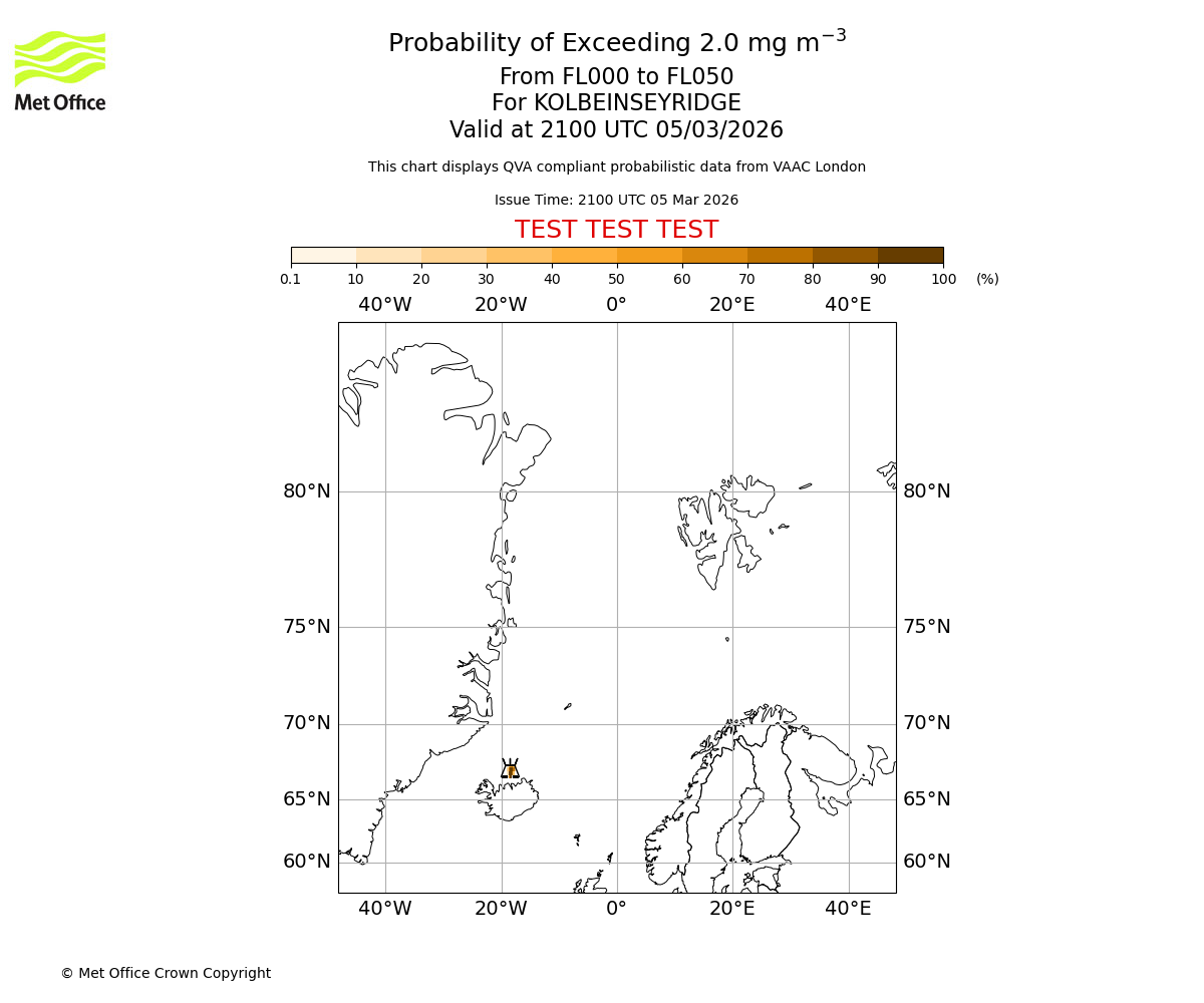 Probability of exceeding 2.0 milligrams per metre cubed. From 000 to 050 for KOLBEINSEYRIDGE. Valid at 2100 UTC 05/03/2026