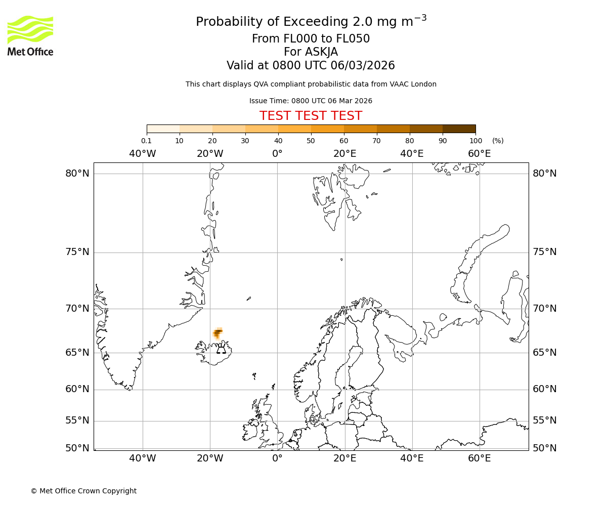Probability of exceeding 2.0 milligrams per metre cubed. From 000 to 050 for ASKJA. Valid at 0800 UTC 06/03/2026