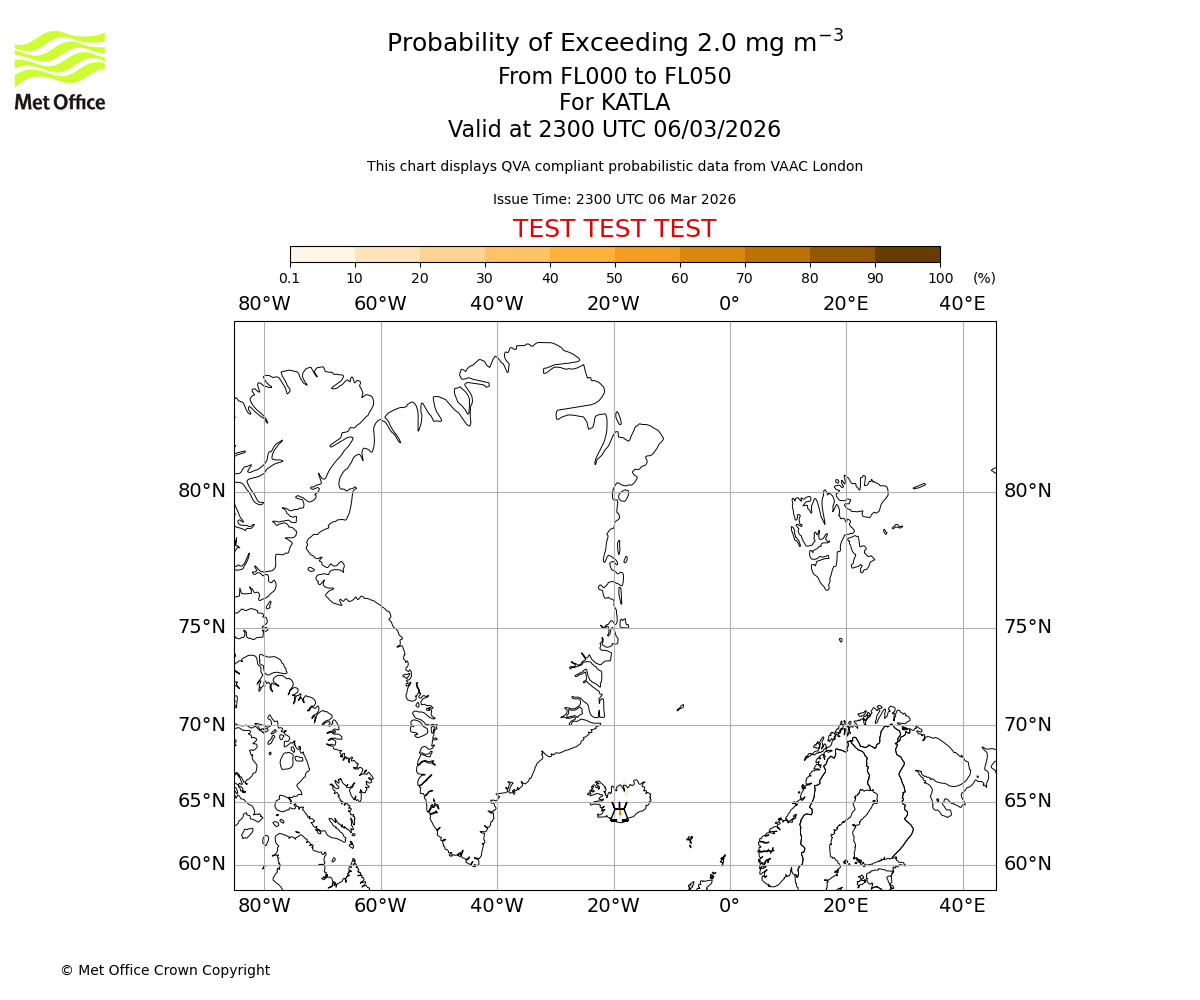 Probability of exceeding 2.0 milligrams per metre cubed. From 000 to 050 for KATLA. Valid at 2300 UTC 06/03/2026