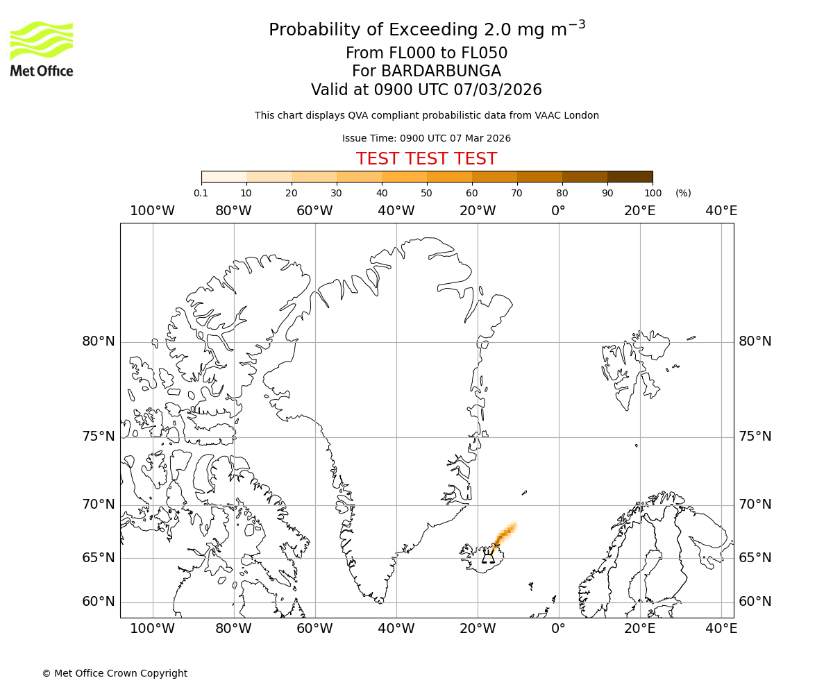 Probability of exceeding 2.0 milligrams per metre cubed. From 000 to 050 for BARDARBUNGA. Valid at 0900 UTC 07/03/2026