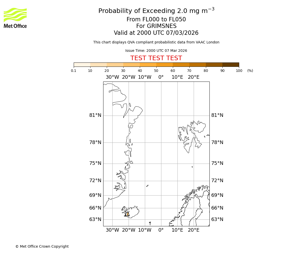 Probability of exceeding 2.0 milligrams per metre cubed. From 000 to 050 for GRIMSNES. Valid at 2000 UTC 07/03/2026