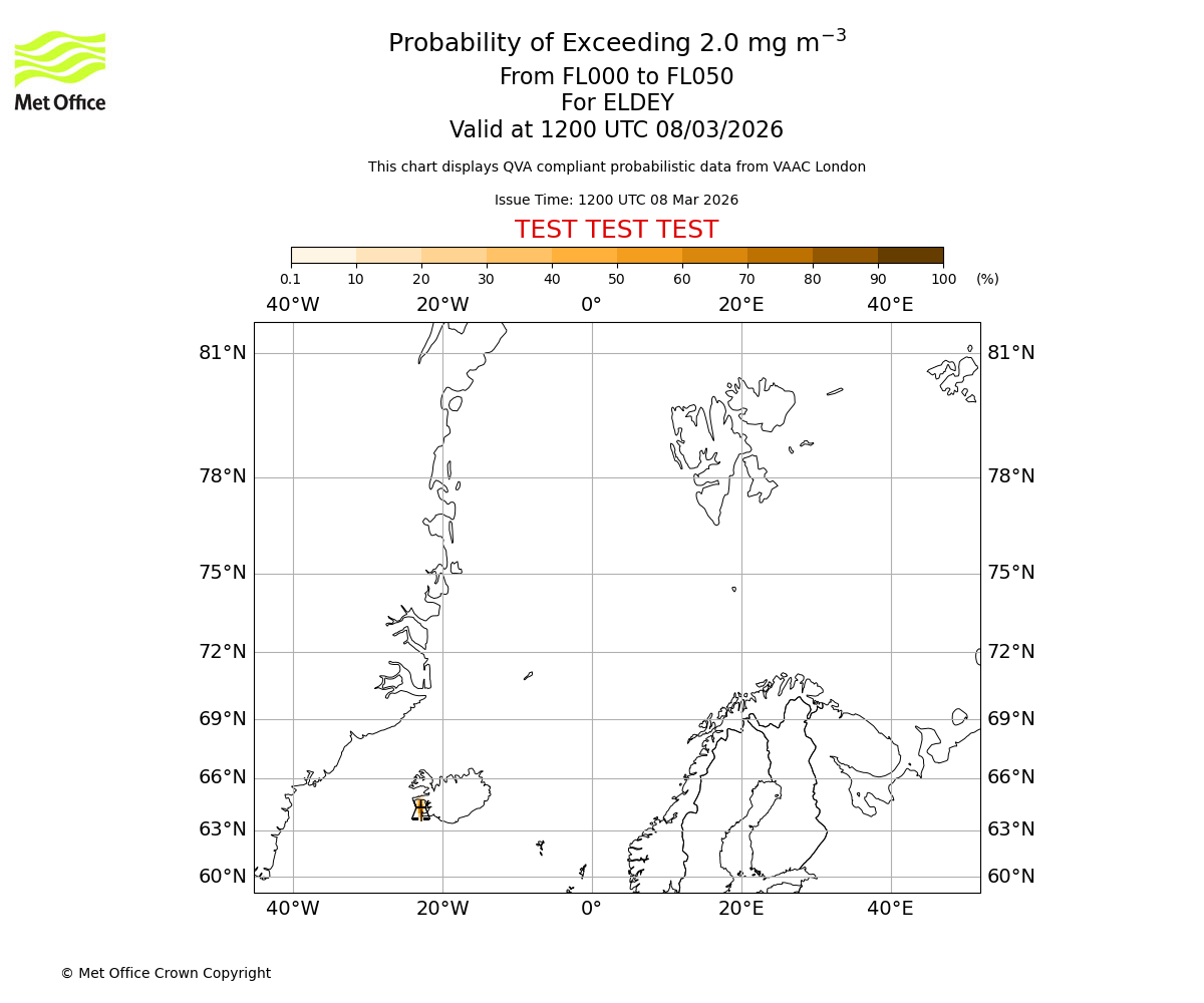 Probability of exceeding 2.0 milligrams per metre cubed. From 000 to 050 for ELDEY. Valid at 1200 UTC 08/03/2026