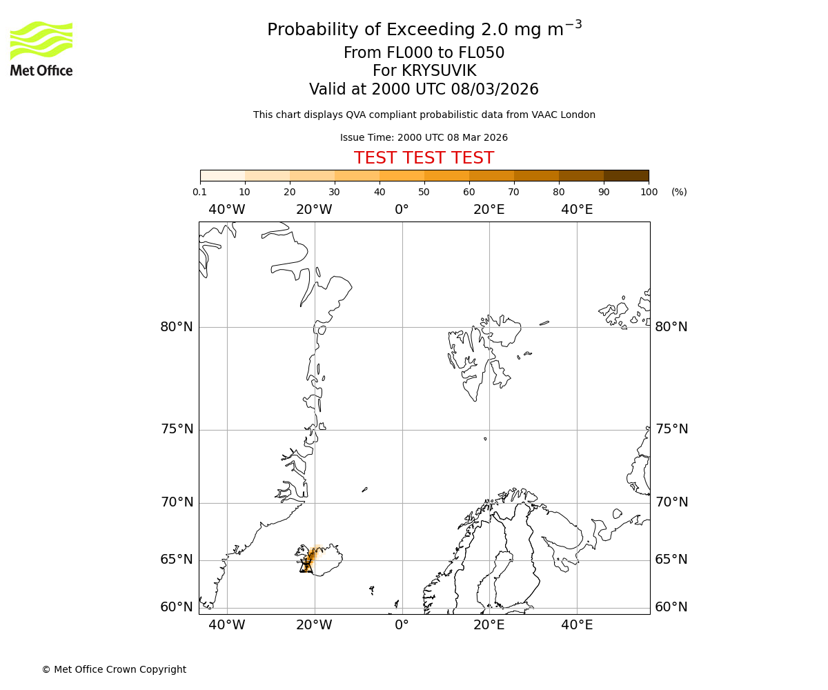 Probability of exceeding 2.0 milligrams per metre cubed. From 000 to 050 for KRYSUVIK. Valid at 2000 UTC 08/03/2026