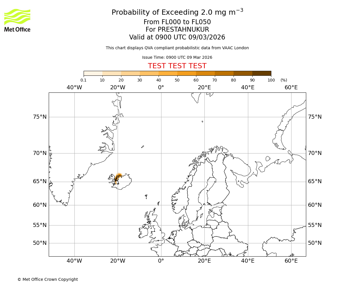 Probability of exceeding 2.0 milligrams per metre cubed. From 000 to 050 for PRESTAHNUKUR. Valid at 0900 UTC 09/03/2026