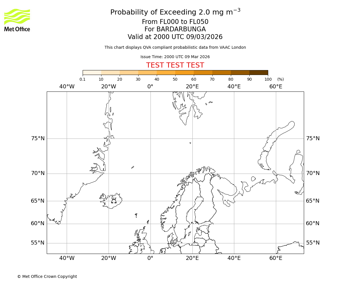 Probability of exceeding 2.0 milligrams per metre cubed. From 000 to 050 for BARDARBUNGA. Valid at 2000 UTC 09/03/2026