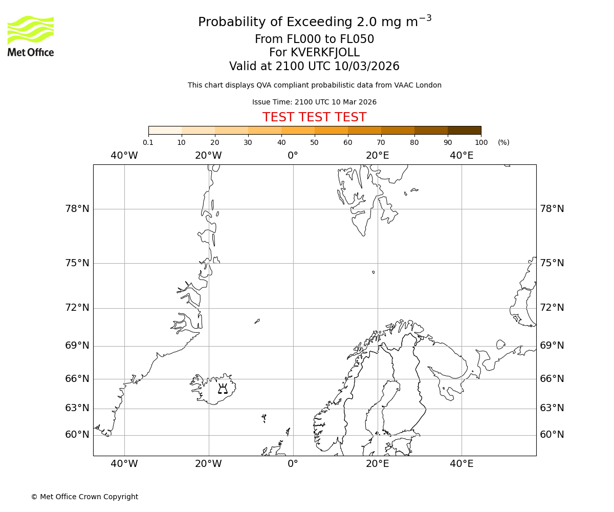 Probability of exceeding 2.0 milligrams per metre cubed. From 000 to 050 for KVERKFJOLL. Valid at 2100 UTC 10/03/2026