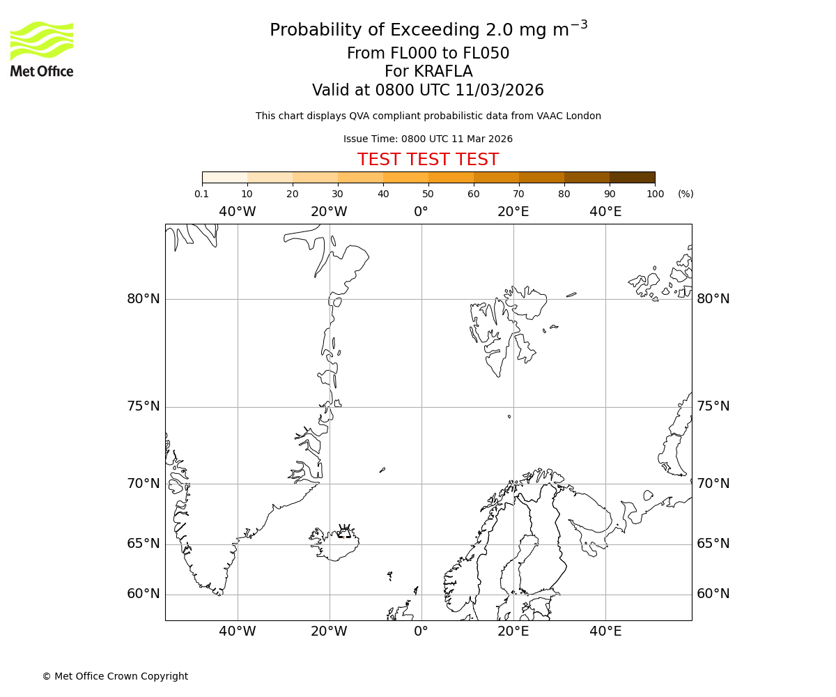 Probability of exceeding 2.0 milligrams per metre cubed. From 000 to 050 for KRAFLA. Valid at 0800 UTC 11/03/2026