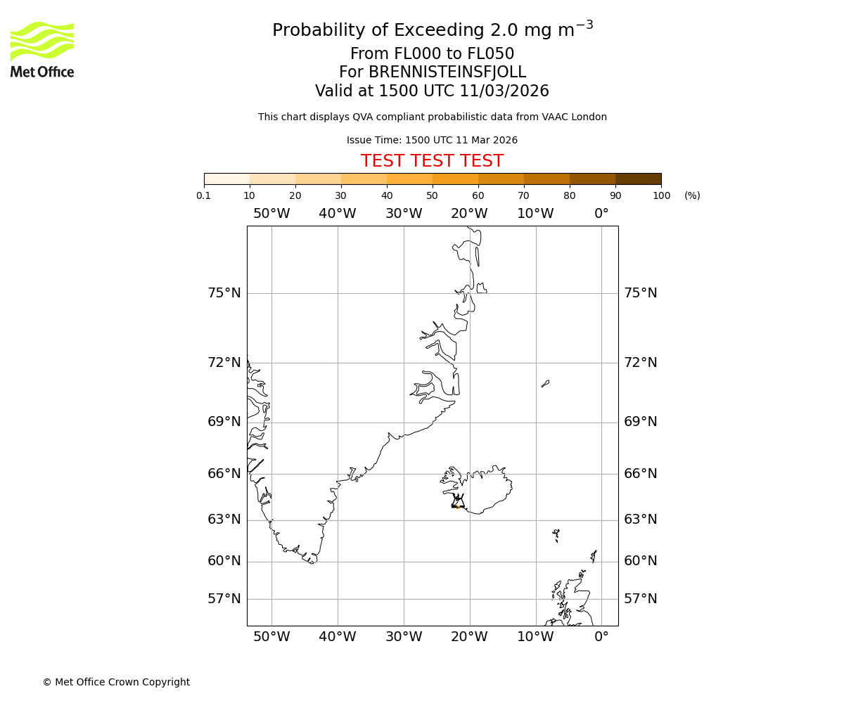 Probability of exceeding 2.0 milligrams per metre cubed. From 000 to 050 for BRENNISTEINSFJOLL. Valid at 1500 UTC 11/03/2026