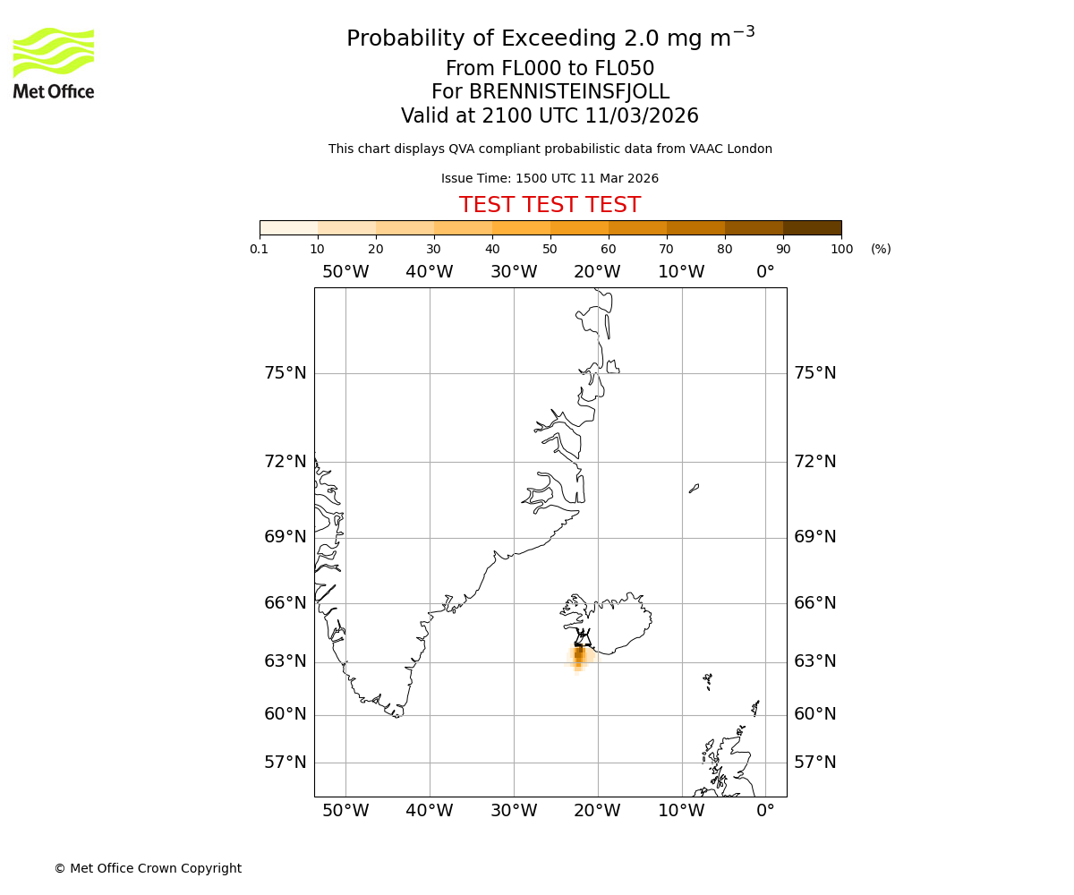 Probability of exceeding 2.0 milligrams per metre cubed. From 000 to 050 for BRENNISTEINSFJOLL. Valid at 2100 UTC 11/03/2026