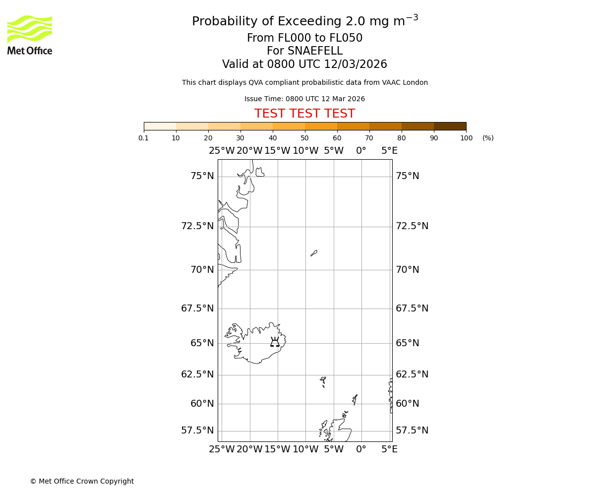 Probability of exceeding 2.0 milligrams per metre cubed. From 000 to 050 for SNAEFELL. Valid at 0800 UTC 12/03/2026