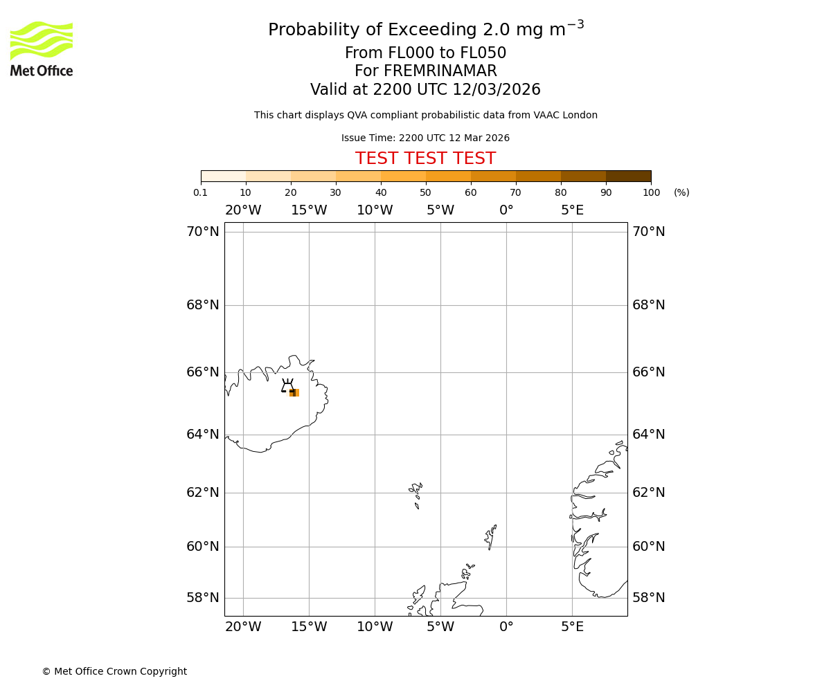 Probability of exceeding 2.0 milligrams per metre cubed. From 000 to 050 for FREMRINAMAR. Valid at 2200 UTC 12/03/2026