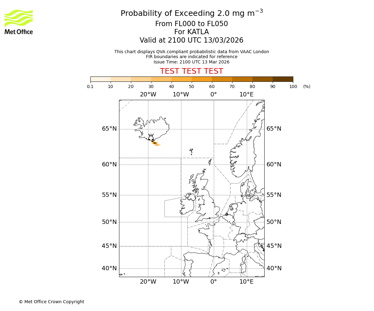Probability of exceeding 2.0 milligrams per metre cubed. From 000 to 050 for KATLA. Valid at 2100 UTC 13/03/2026