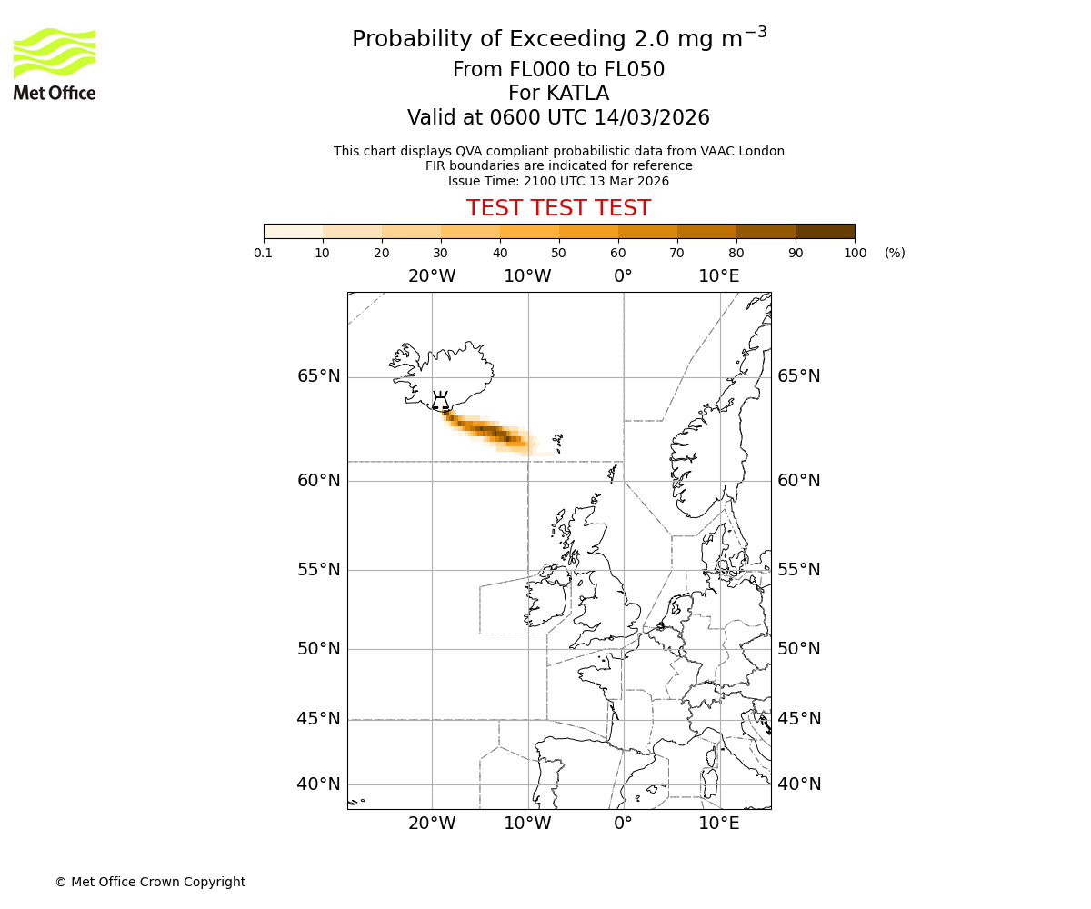 Probability of exceeding 2.0 milligrams per metre cubed. From 000 to 050 for KATLA. Valid at 0600 UTC 14/03/2026