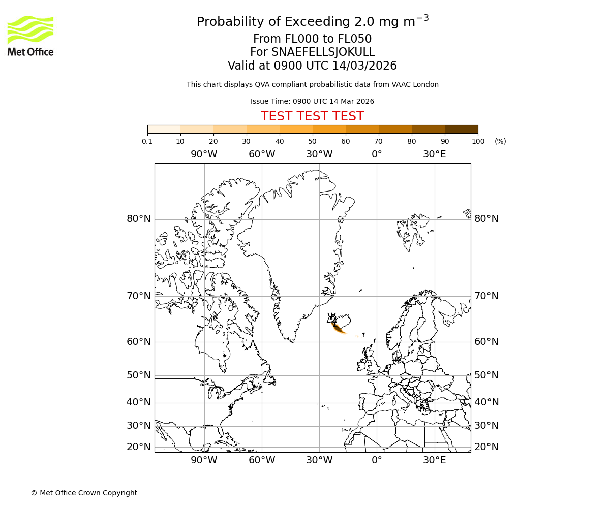 Probability of exceeding 2.0 milligrams per metre cubed. From 000 to 050 for SNAEFELLSJOKULL. Valid at 0900 UTC 14/03/2026