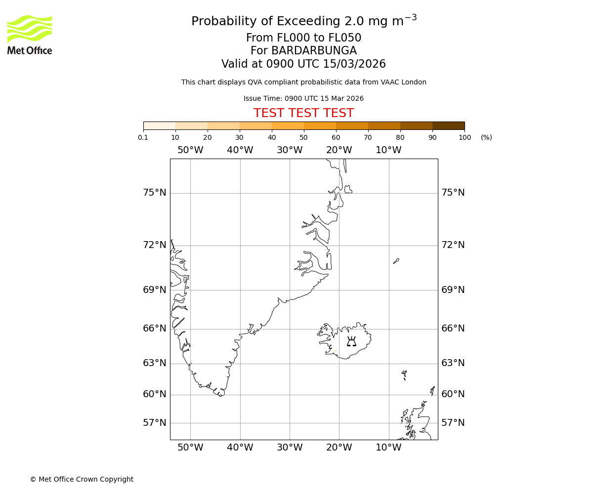 Probability of exceeding 2.0 milligrams per metre cubed. From 000 to 050 for BARDARBUNGA. Valid at 0900 UTC 15/03/2026