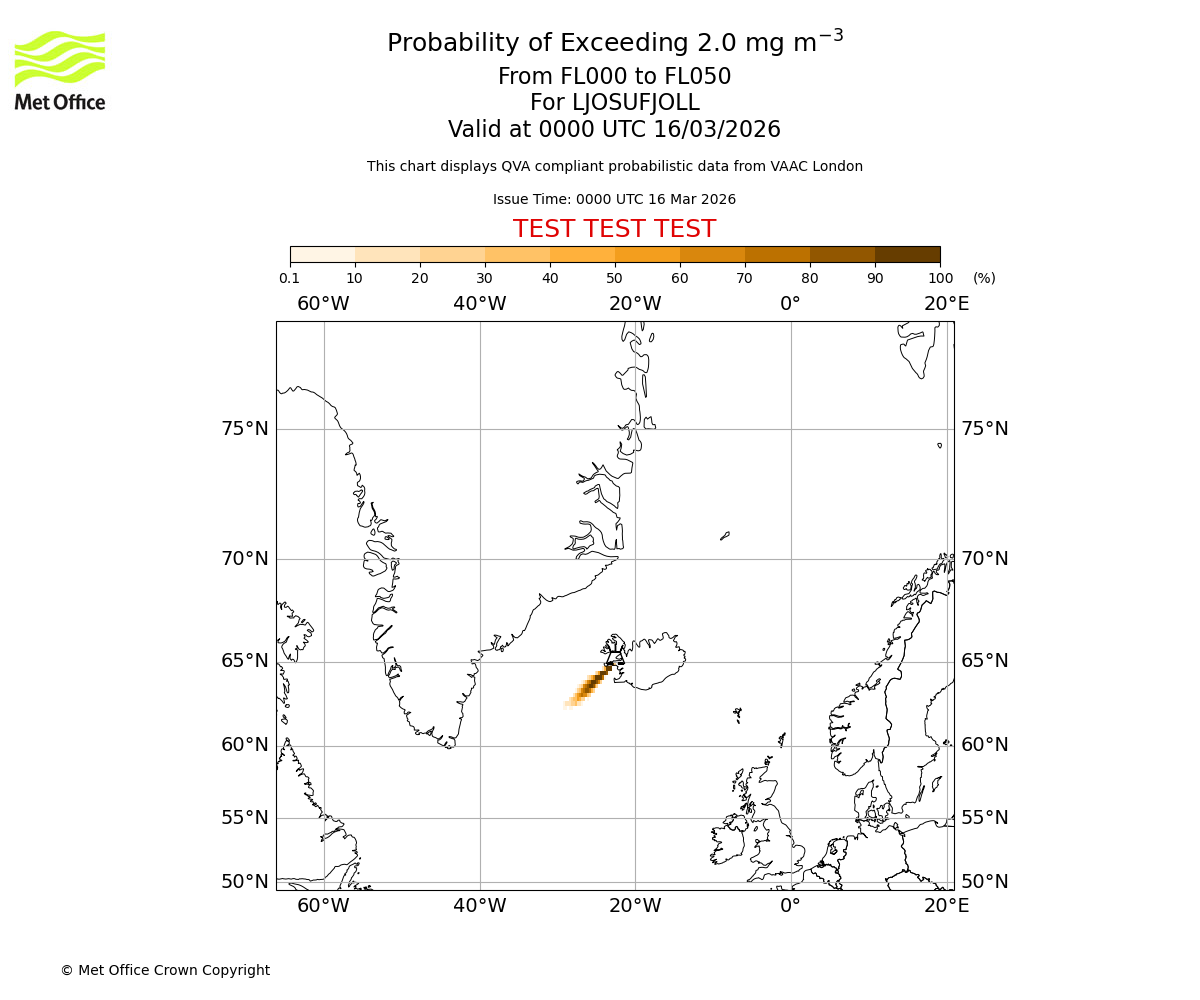 Probability of exceeding 2.0 milligrams per metre cubed. From 000 to 050 for LJOSUFJOLL. Valid at 0000 UTC 16/03/2026