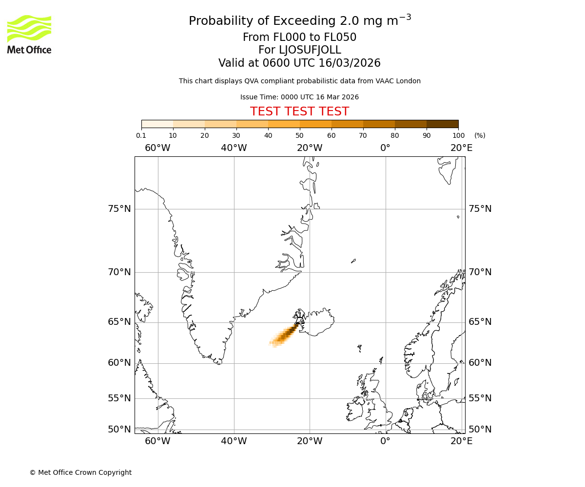 Probability of exceeding 2.0 milligrams per metre cubed. From 000 to 050 for LJOSUFJOLL. Valid at 0600 UTC 16/03/2026
