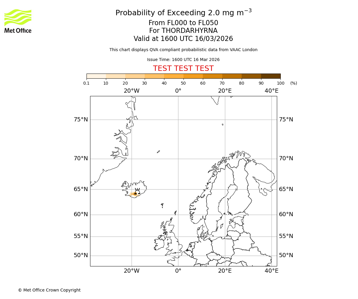 Probability of exceeding 2.0 milligrams per metre cubed. From 000 to 050 for THORDARHYRNA. Valid at 1600 UTC 16/03/2026
