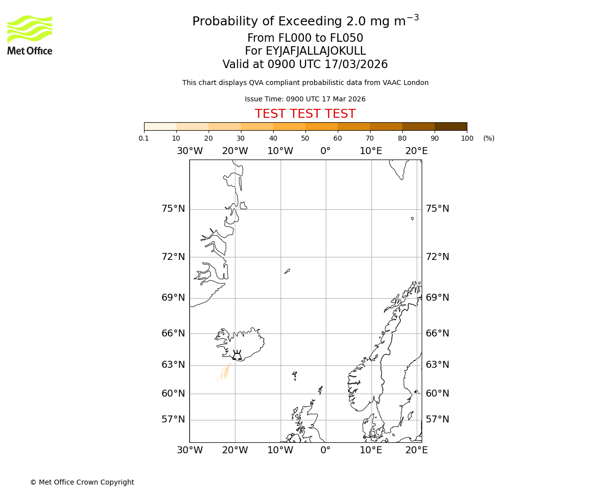 Probability of exceeding 2.0 milligrams per metre cubed. From 000 to 050 for EYJAFJALLAJOKULL. Valid at 0900 UTC 17/03/2026