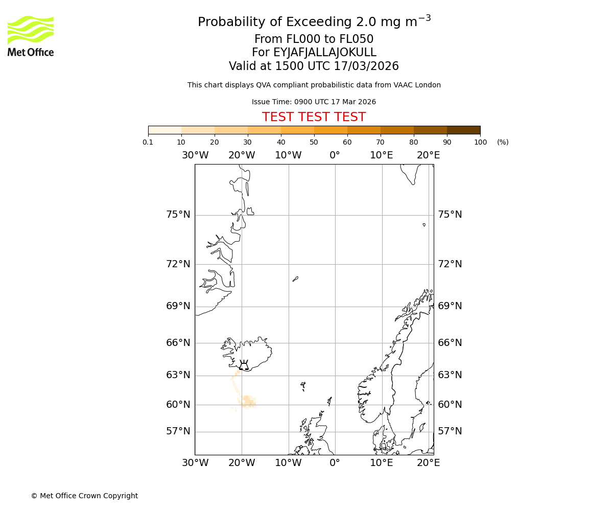 Probability of exceeding 2.0 milligrams per metre cubed. From 000 to 050 for EYJAFJALLAJOKULL. Valid at 1500 UTC 17/03/2026