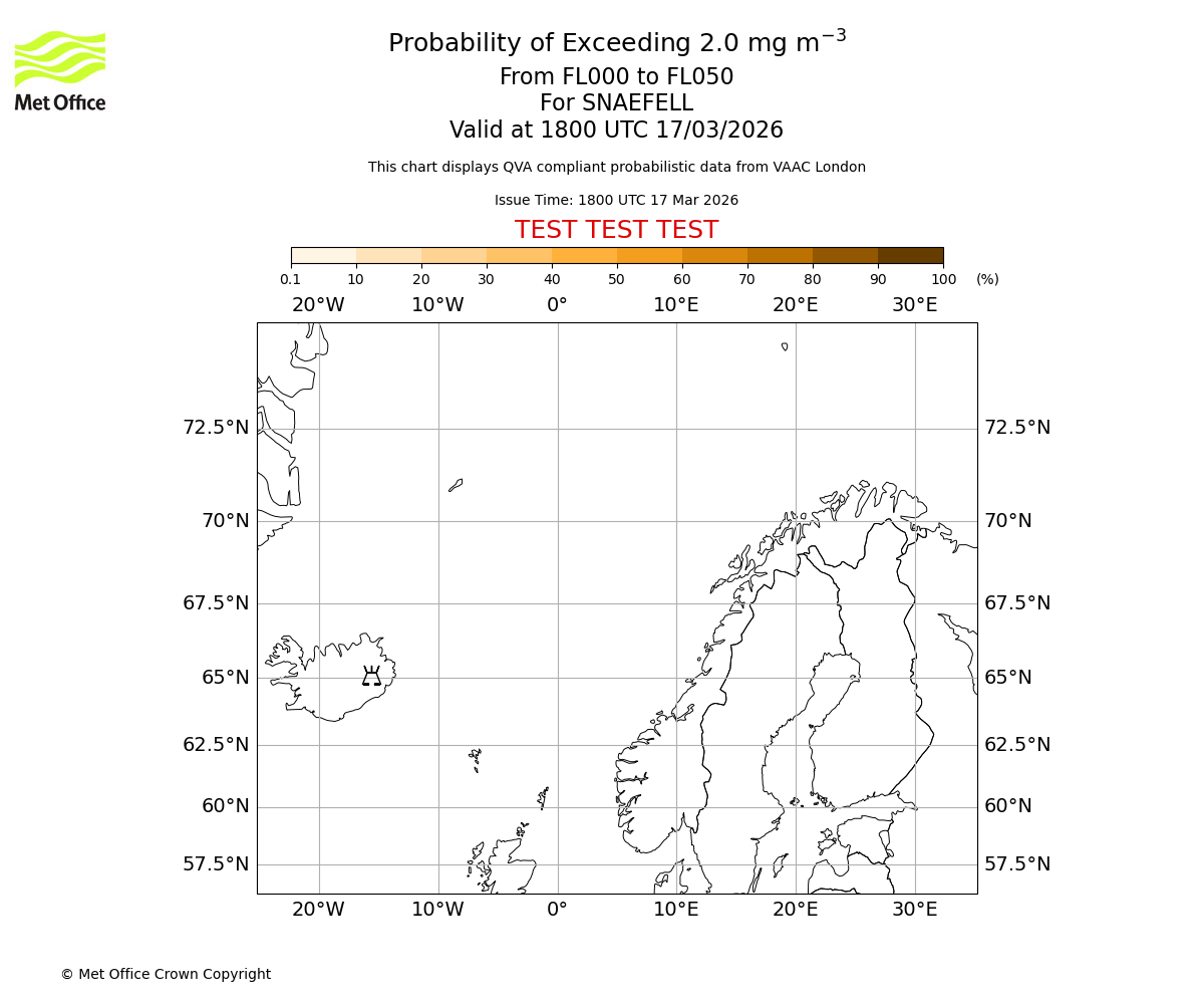 Probability of exceeding 2.0 milligrams per metre cubed. From 000 to 050 for SNAEFELL. Valid at 1800 UTC 17/03/2026