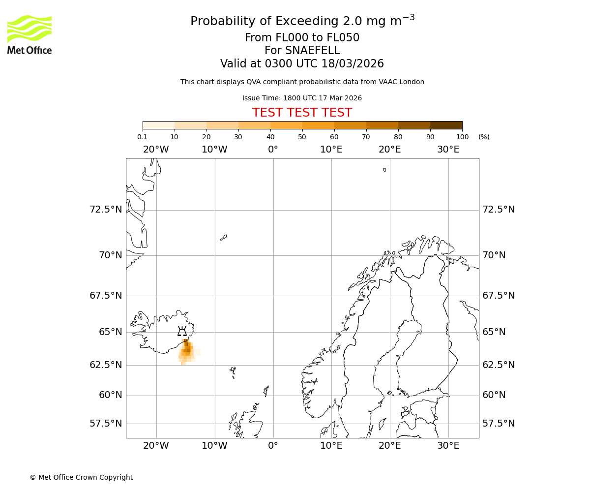 Probability of exceeding 2.0 milligrams per metre cubed. From 000 to 050 for SNAEFELL. Valid at 0300 UTC 18/03/2026