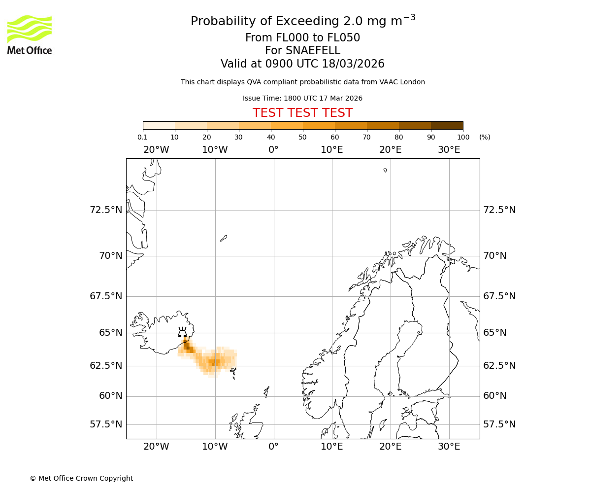 Probability of exceeding 2.0 milligrams per metre cubed. From 000 to 050 for SNAEFELL. Valid at 0900 UTC 18/03/2026