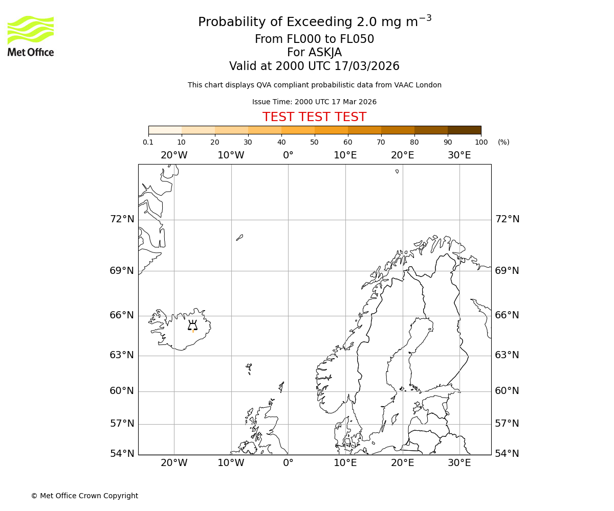 Probability of exceeding 2.0 milligrams per metre cubed. From 000 to 050 for ASKJA. Valid at 2000 UTC 17/03/2026