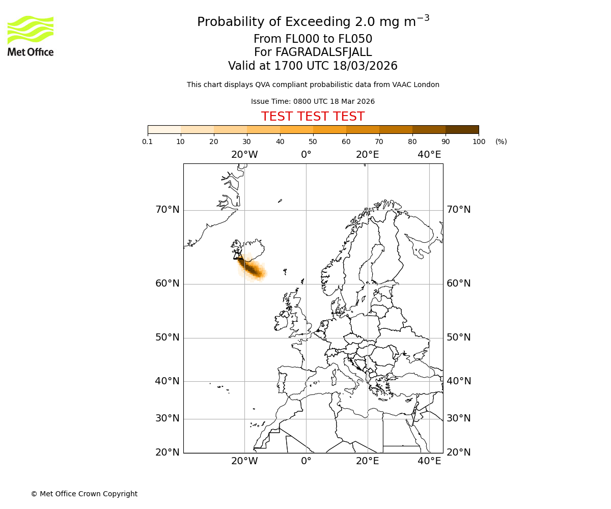 Probability of exceeding 2.0 milligrams per metre cubed. From 000 to 050 for FAGRADALSFJALL. Valid at 1700 UTC 18/03/2026