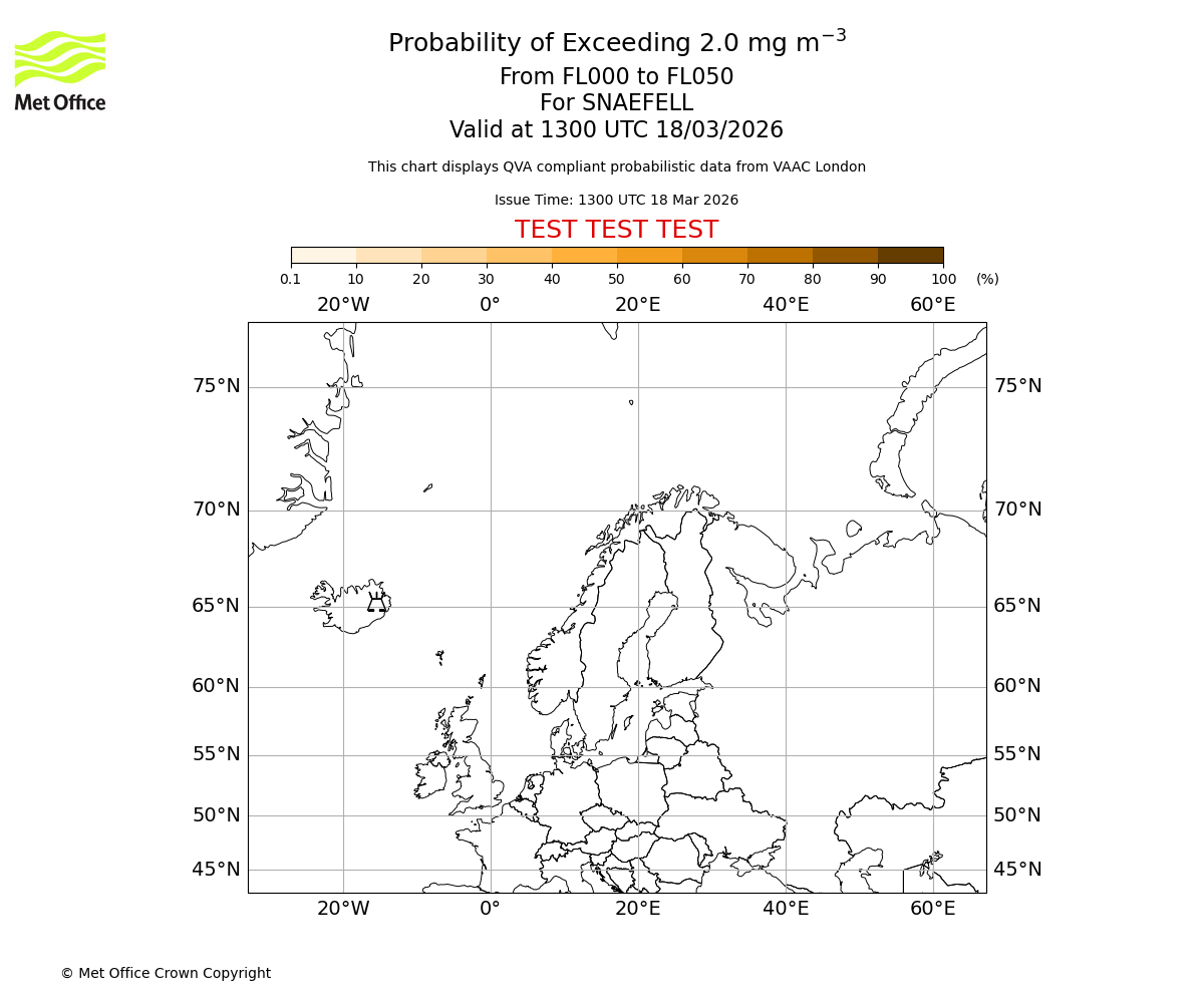 Probability of exceeding 2.0 milligrams per metre cubed. From 000 to 050 for SNAEFELL. Valid at 1300 UTC 18/03/2026