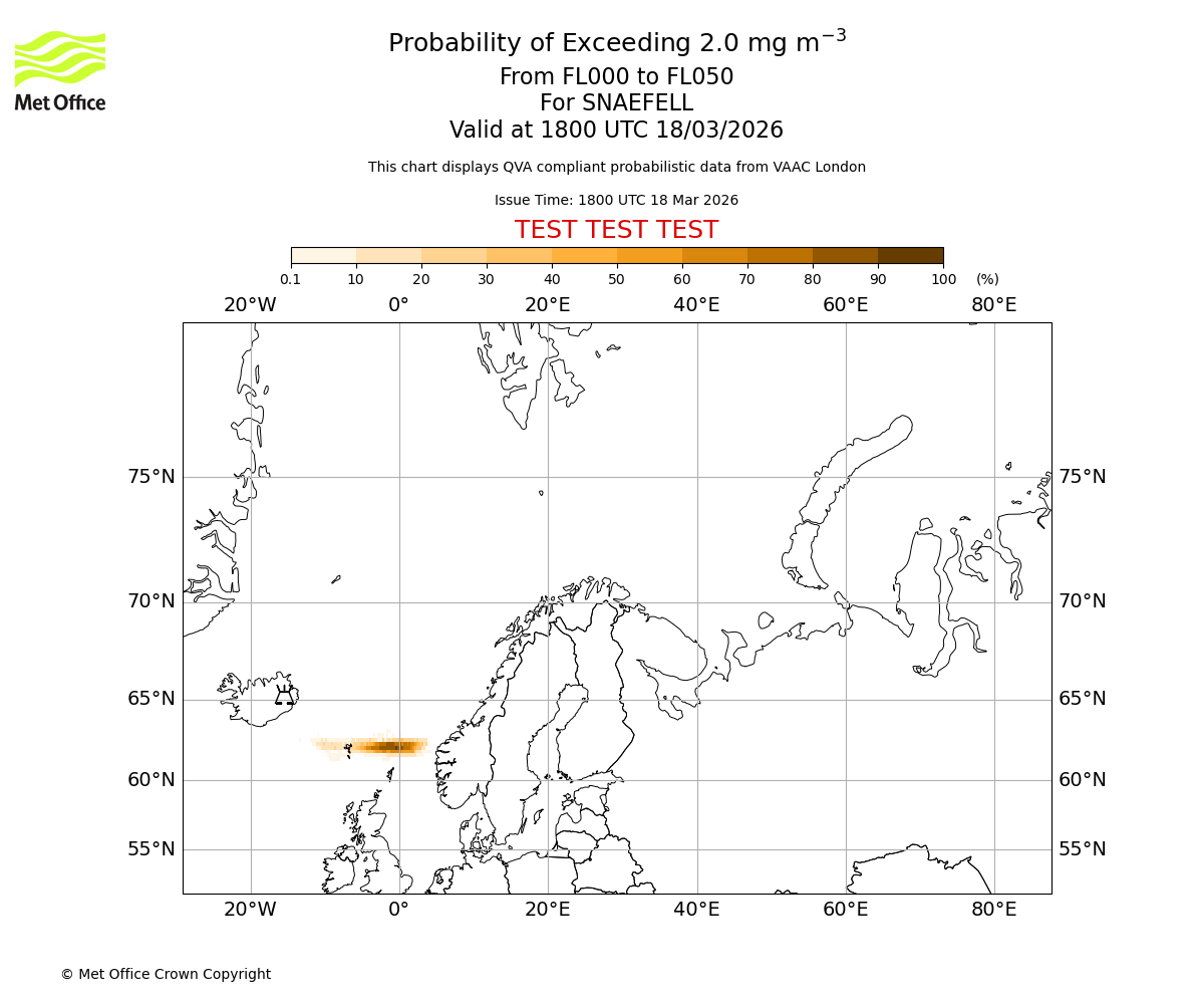 Probability of exceeding 2.0 milligrams per metre cubed. From 000 to 050 for SNAEFELL. Valid at 1800 UTC 18/03/2026