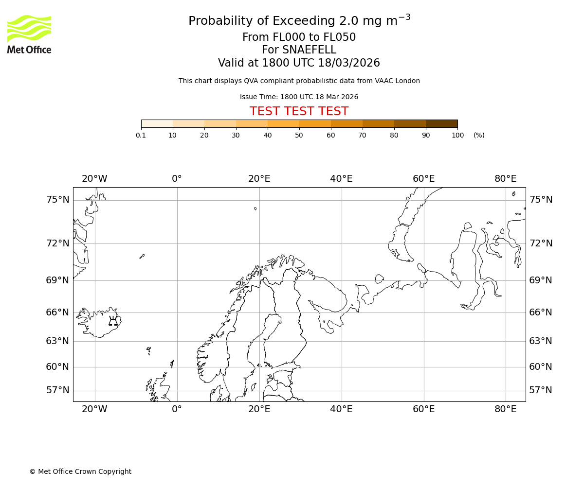 Probability of exceeding 2.0 milligrams per metre cubed. From 000 to 050 for SNAEFELL. Valid at 1800 UTC 18/03/2026